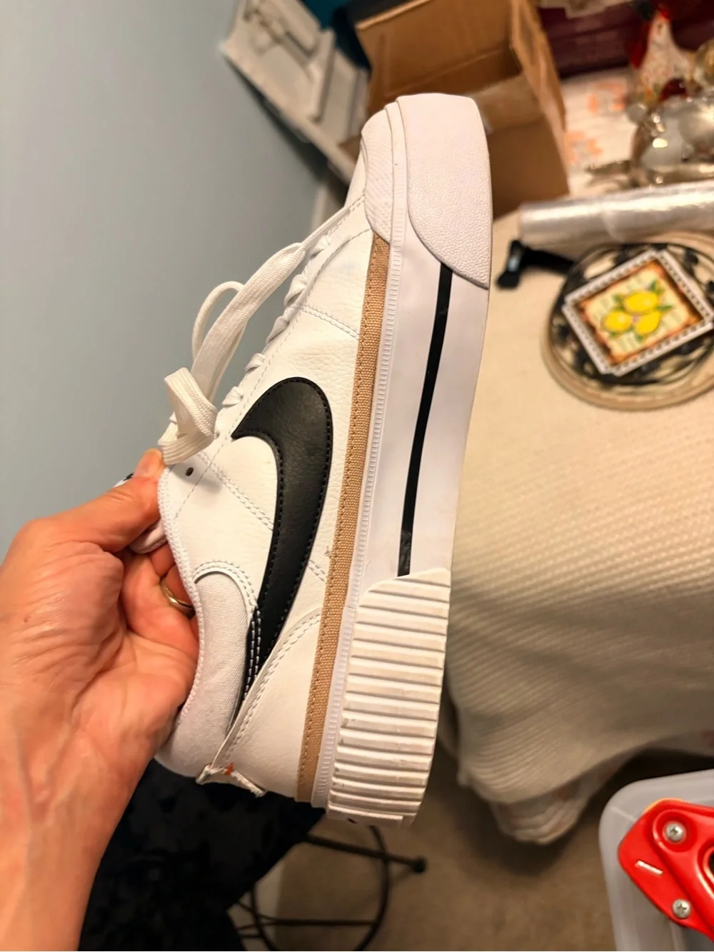 Nike Women’s Court White Sneakers with Black Swoosh and Gold Accent